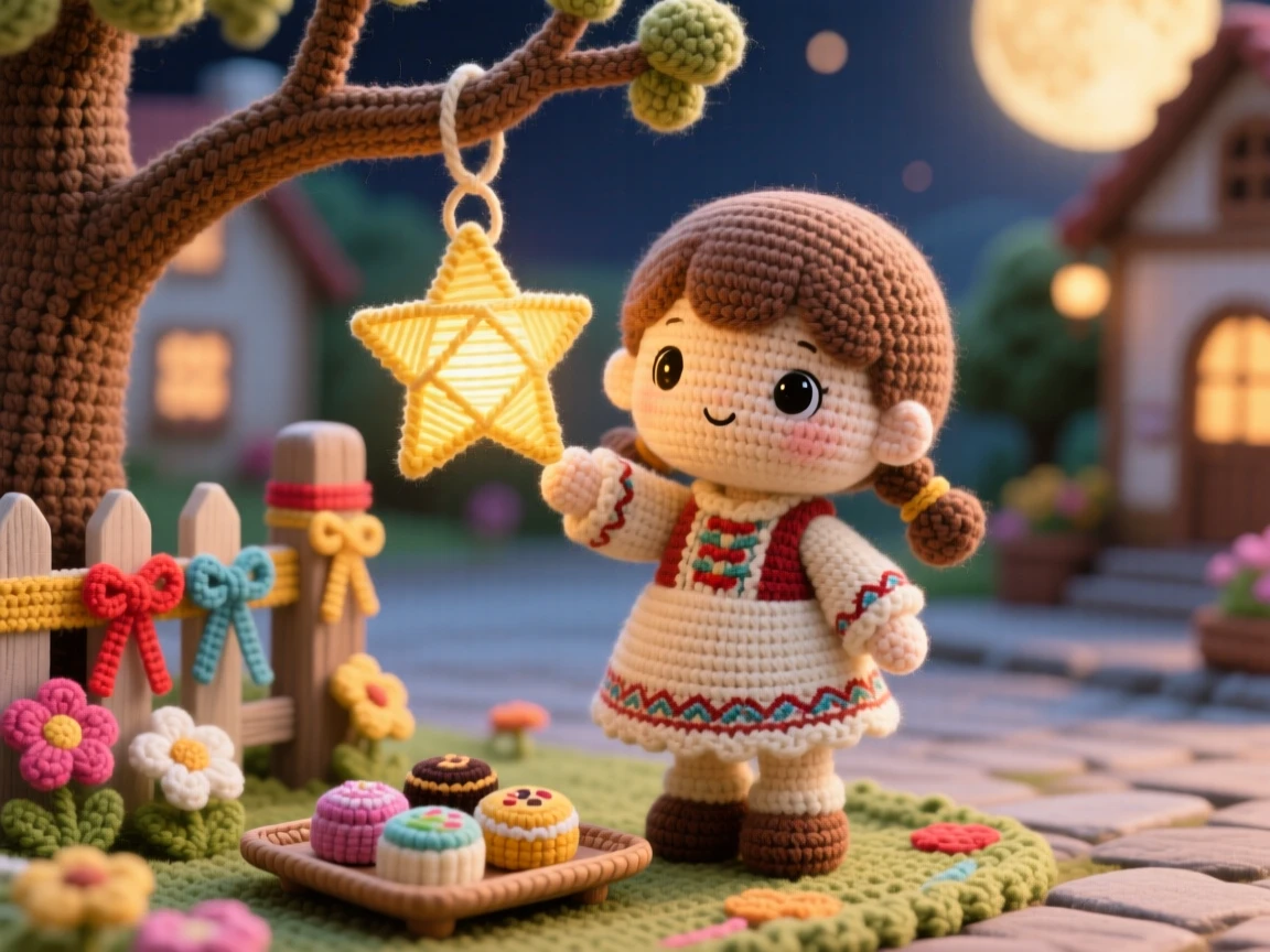 a little girl holding a small paper star lantern, for a mid-autumn celebration, hanging it from a low branch, at a village square decorated with flowers and ribbons, with a small tray of traditional sweets nearby, radiating warm cultural pride and festive belonging.