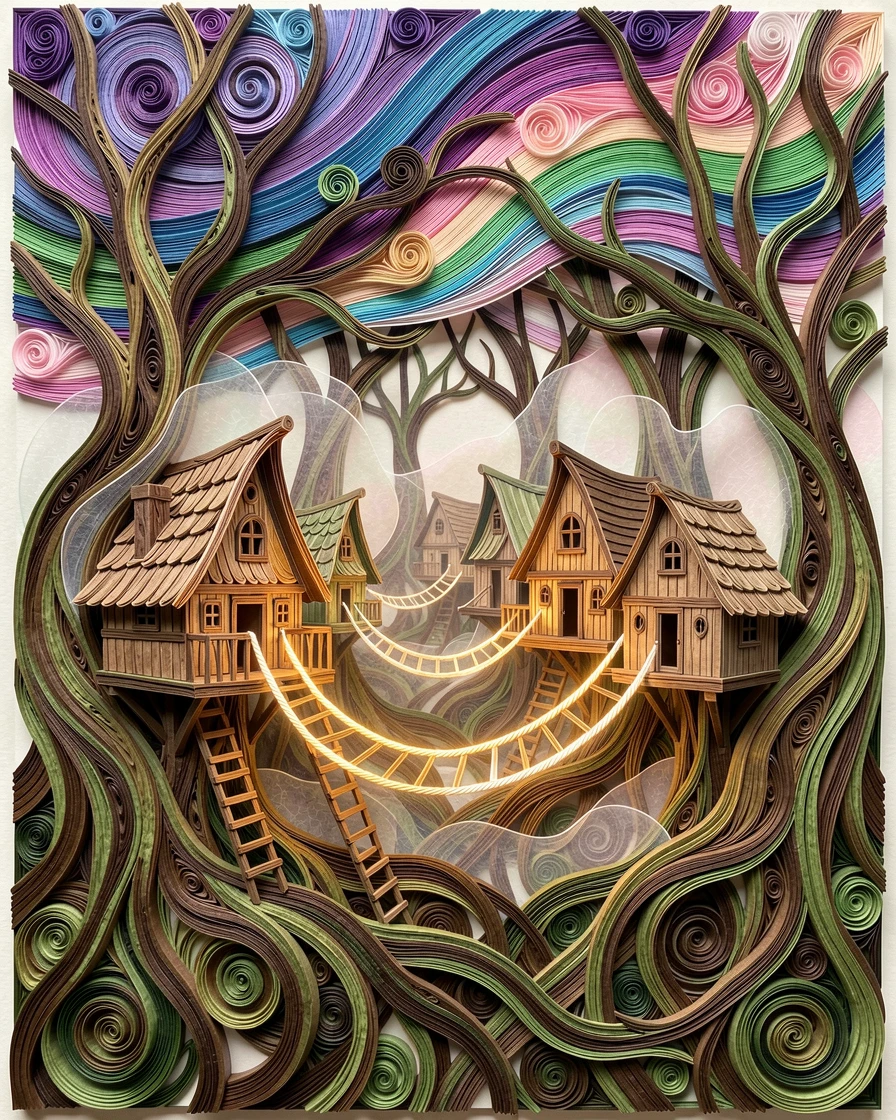 a treehouse village connected by glowing rope bridges, within a cathedral of ancient twisted roots, composed with soft ethereal mist drifting through the scene, under a sky painted in shifting aurora colors.