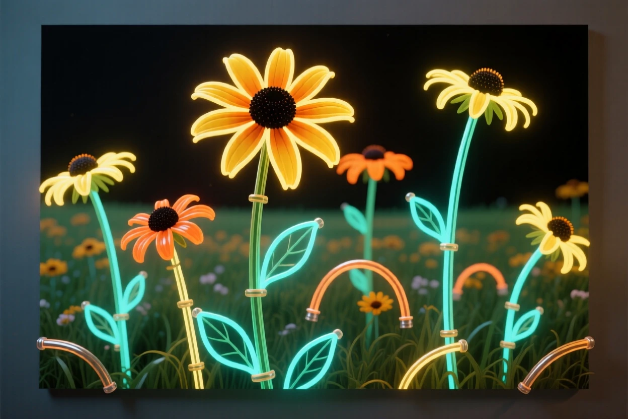 A meadow of black-eyed Susans swaying in an open field.