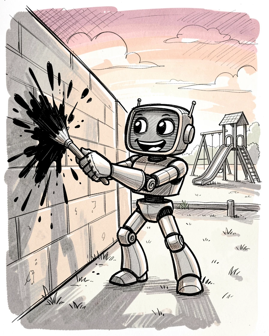 A robot painting a mural on a wall on a playground at sunset.