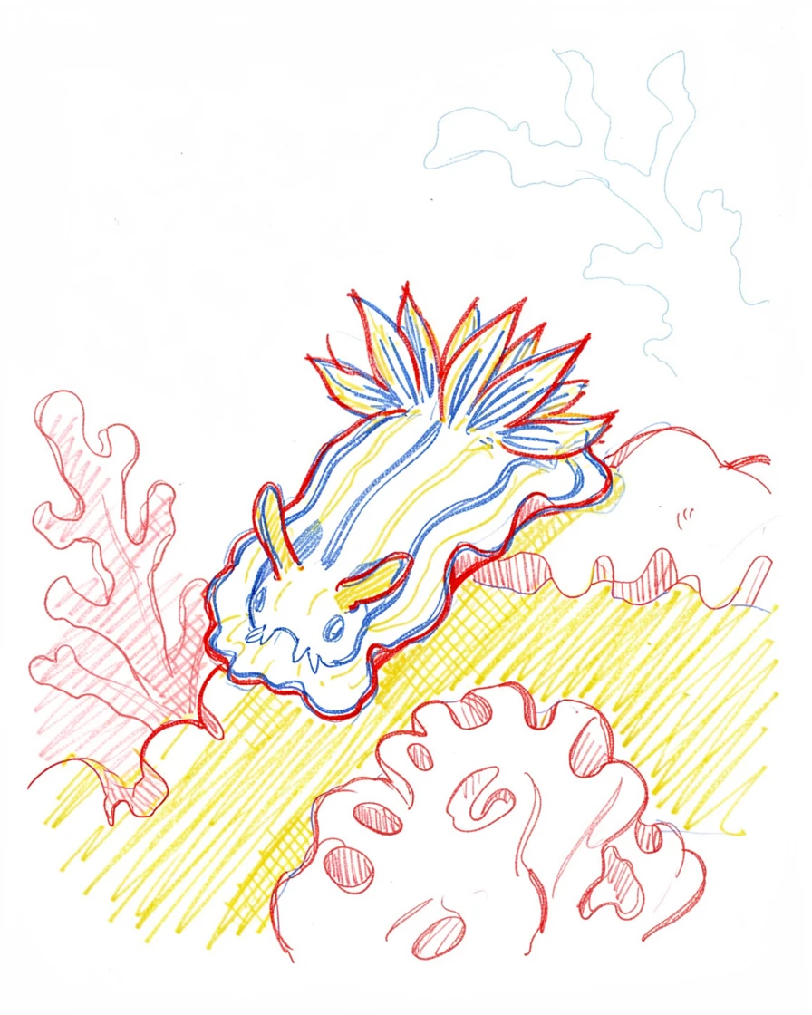 A colorful nudibranch crawling slowly across a coral outcrop