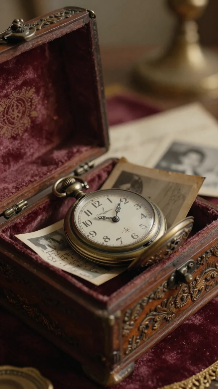 A weathered pocket watch tucked inside a grandmother's keepsake box, quietly telling its own small story