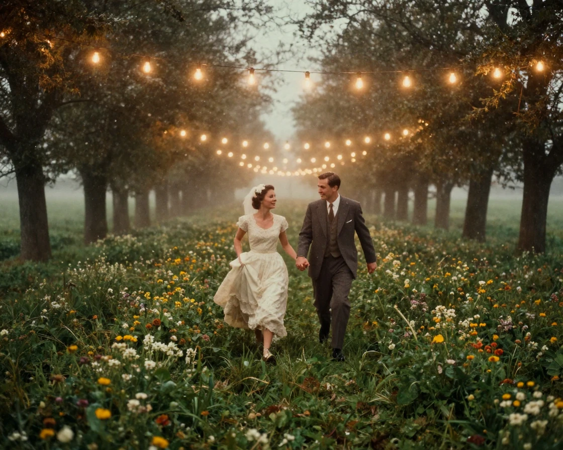 Newlyweds running hand in hand through a field of wildflowers, under strings of warm string lights, as mist rises off the ground, under the first snow of winter, with deep emerald greens and browns, framed symmetrically down a long corridor.