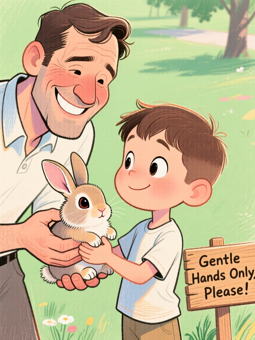 A man teaching his young son how to gently hold and pet a baby rabbit.
