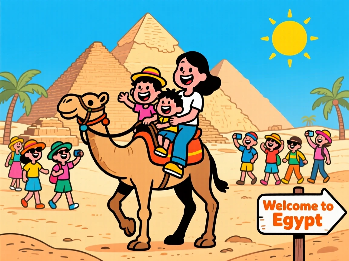 An iconic travel scene featuring a family on vacation riding a camel past the pyramids of Egypt, surrounded by cheerful fellow travelers.
