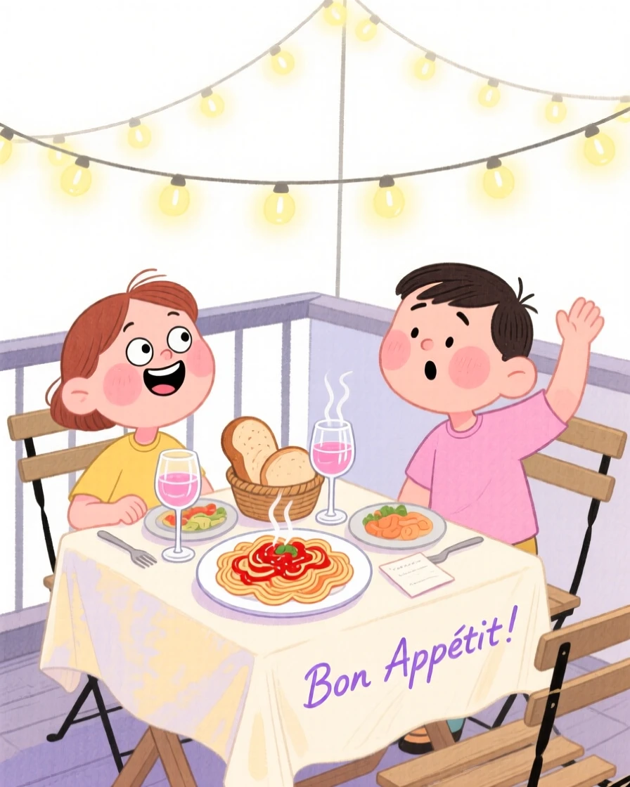 A cozy, appetizing, warm and inviting scene of a rooftop dinner table strung with fairy lights