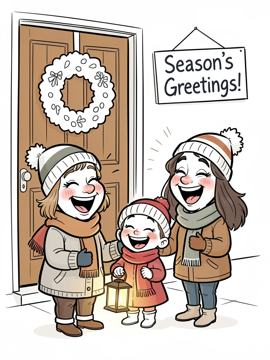 [Seasonal Holidays & Celebrations] Festive scene of a cozy family singing carols door to door, full of celebration and joy