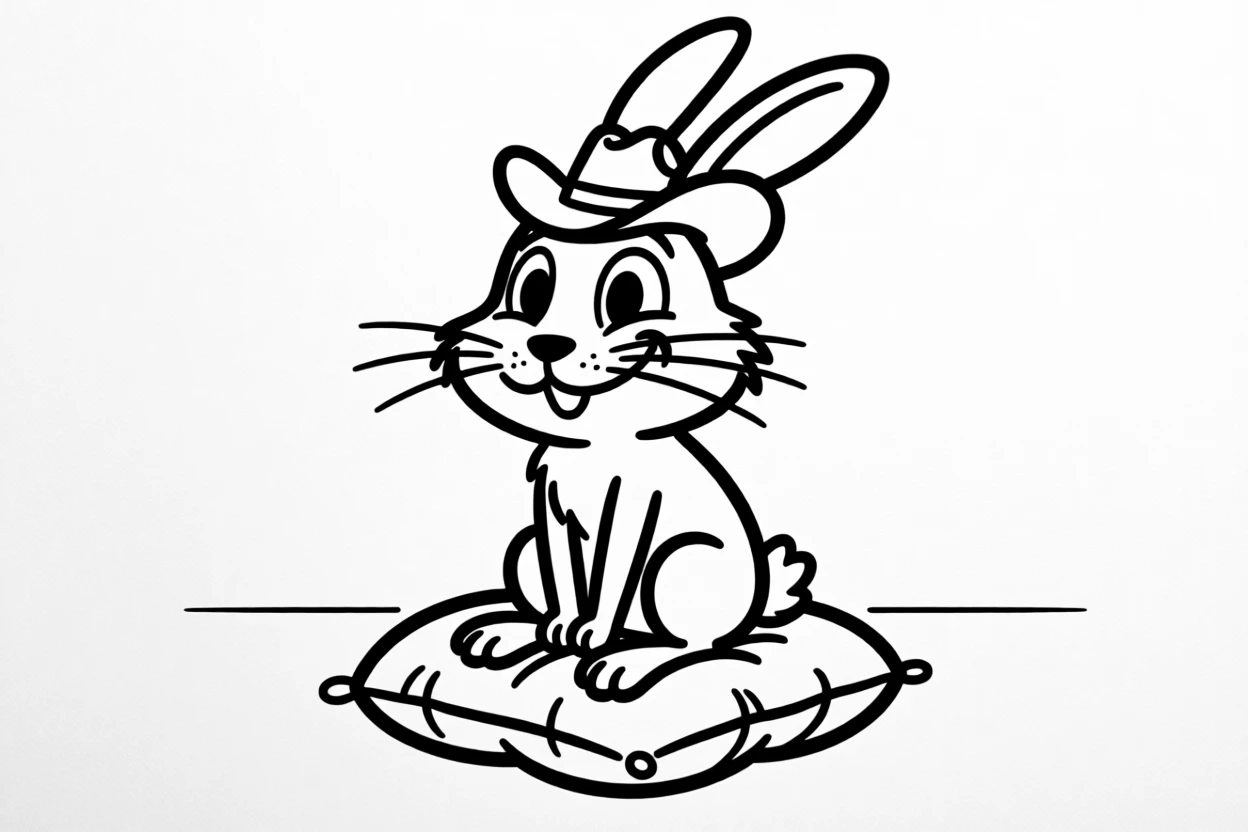 A bunny rabbit wearing a tiny cowboy hat, sitting proudly on a saddle-shaped cushion.