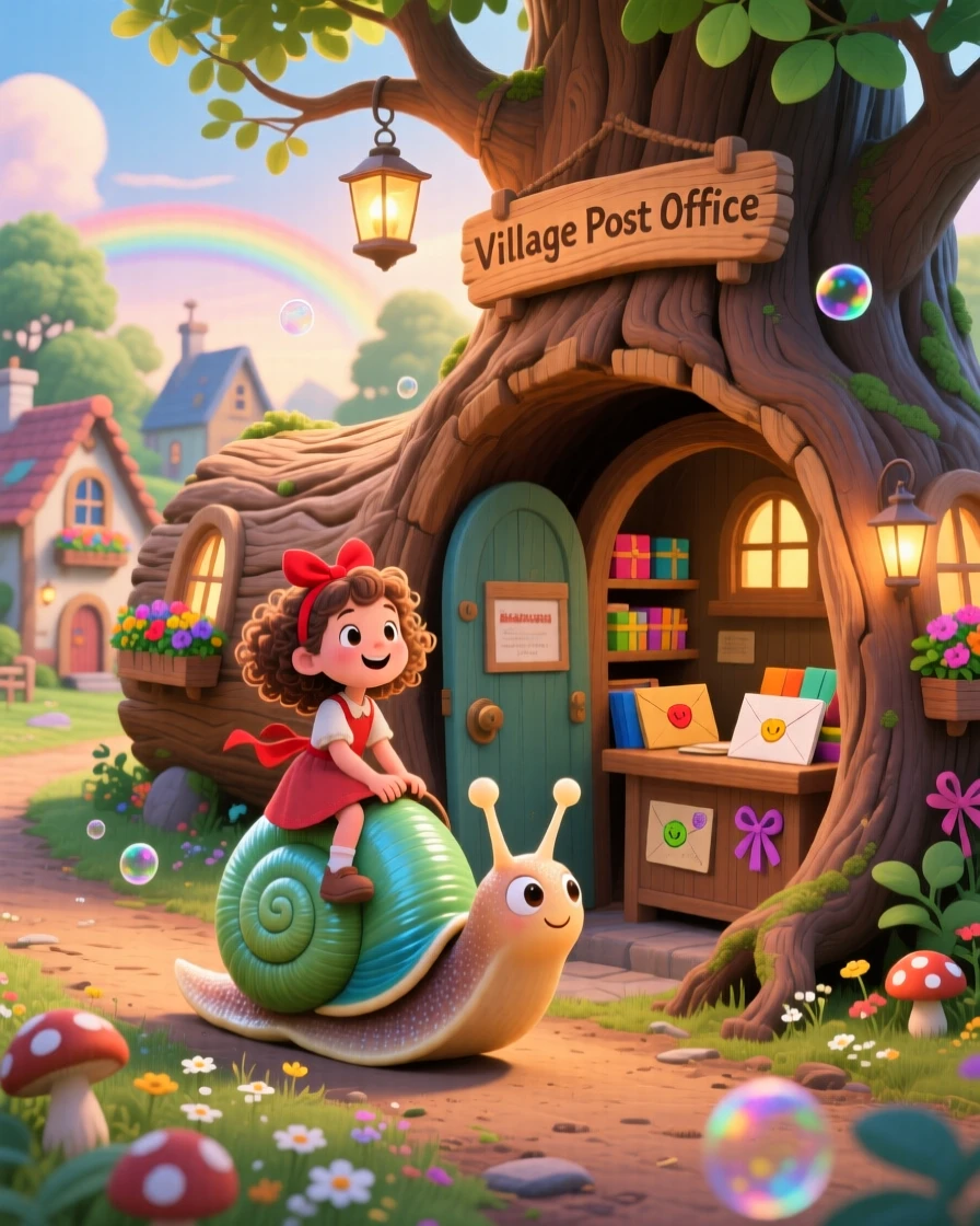 In a village built inside a hollowed-out log, a girl riding a giant snail spends the day running a post office out of a hollow tree, as tiny bubbles drift lazily by.