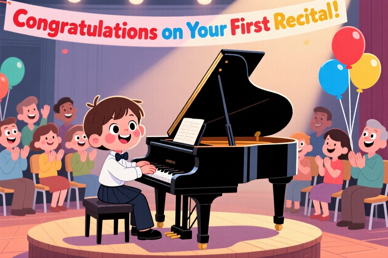 A child's first piano recital in front of a proud audience.
