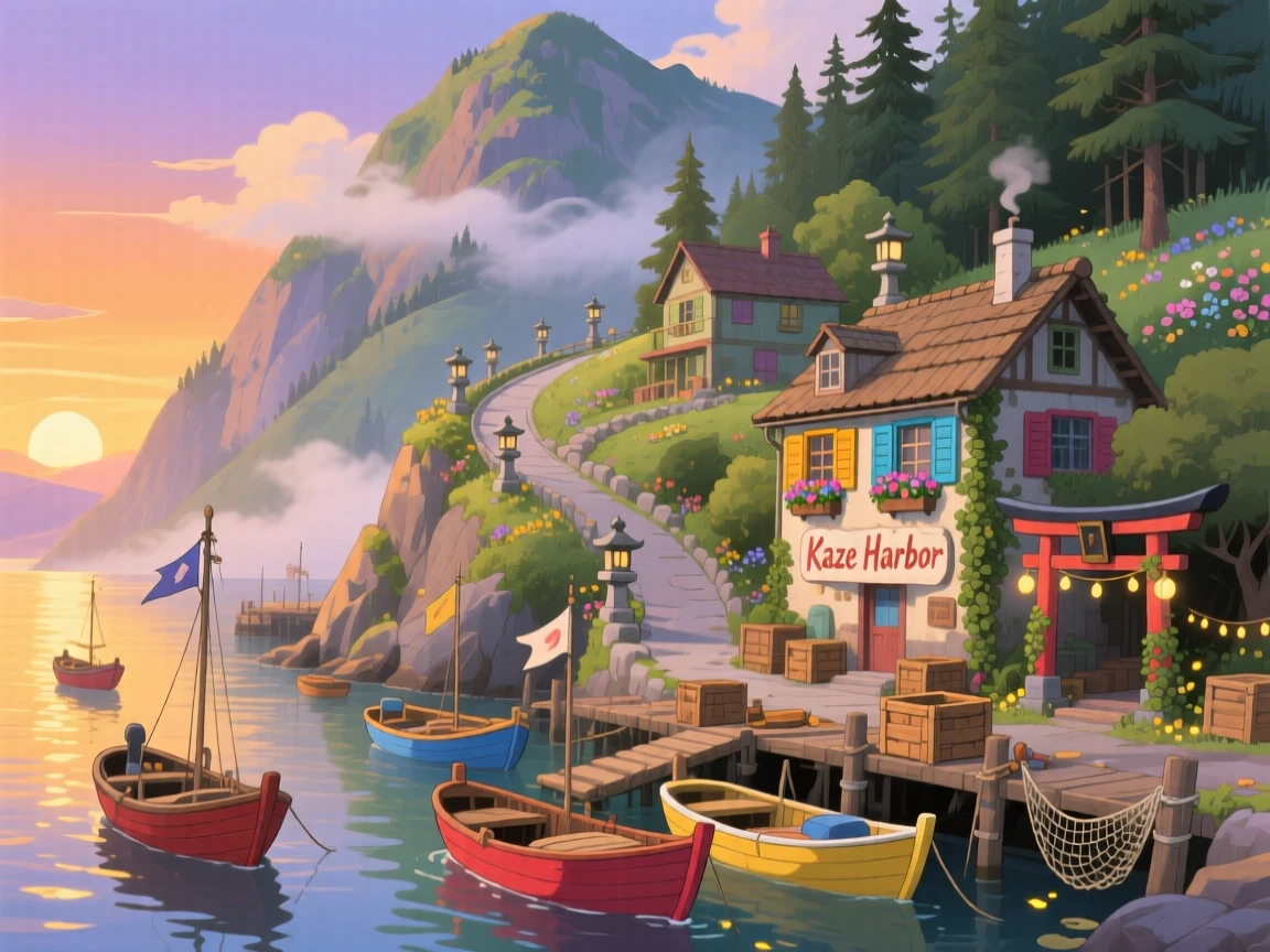 A scenic view of a mountain village reached only by a winding switchback road, as fishing boats bob gently in the harbor.