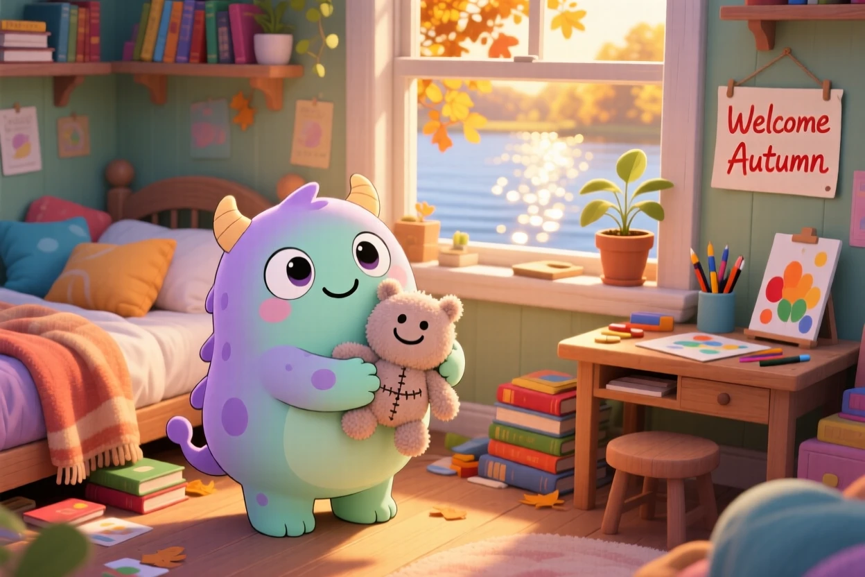 Full-body shot of a tiny googly-eyed monster, hugging a stuffed toy monster, in a cluttered cozy bedroom, on a crisp autumn afternoon, illuminated by shimmering reflected light off water, radiating quiet contentment.