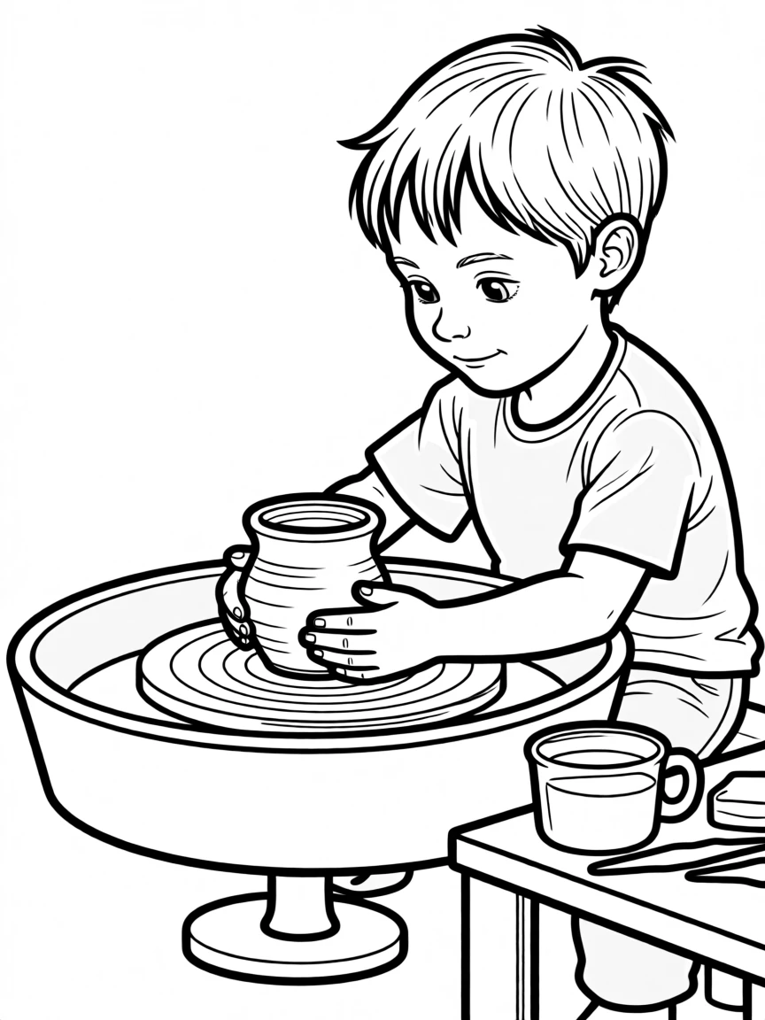 A child molding a clay pot on a pottery wheel