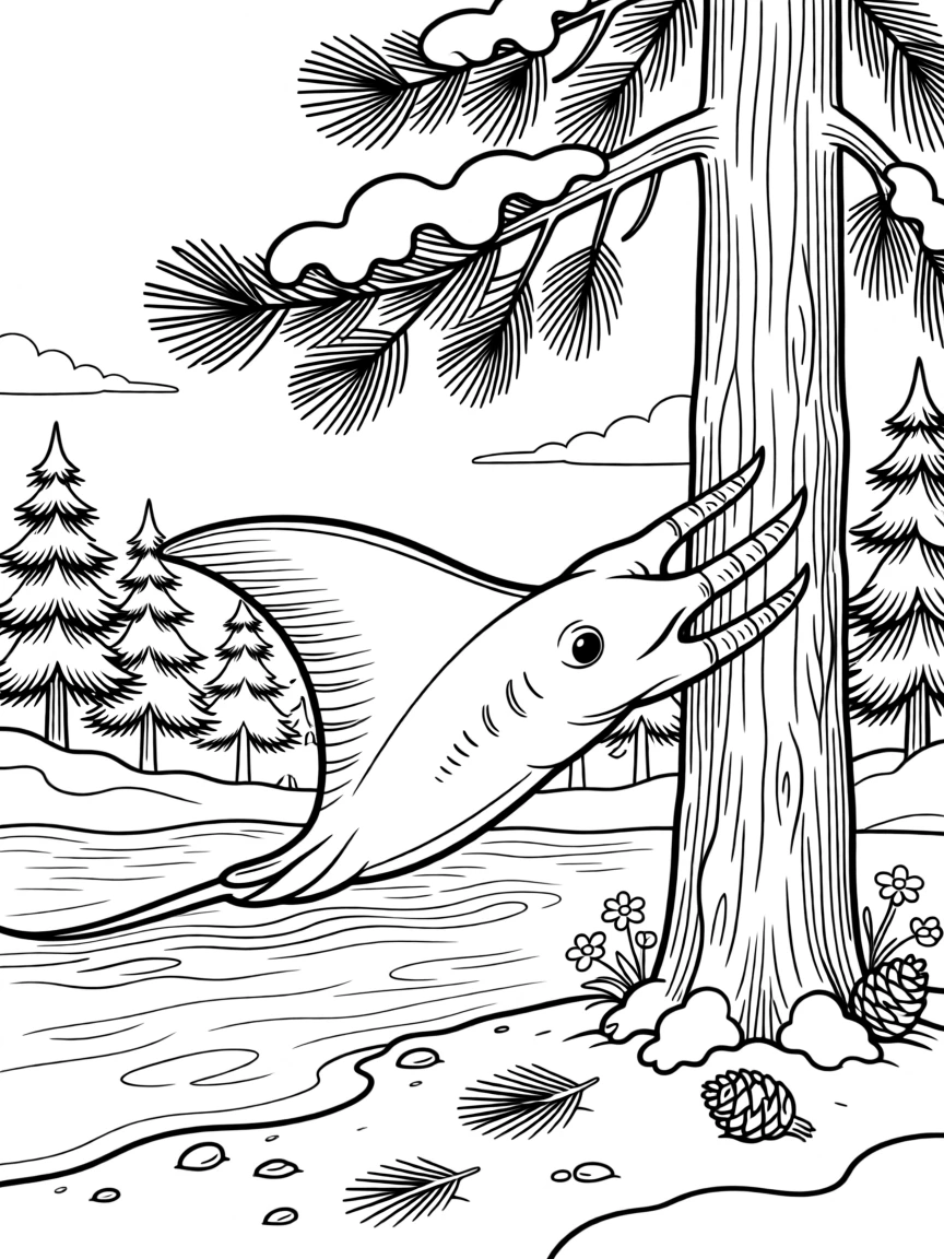 A stingray gliding over sand emerging from a snowy pine forest, with claws gripping the bark tightly.