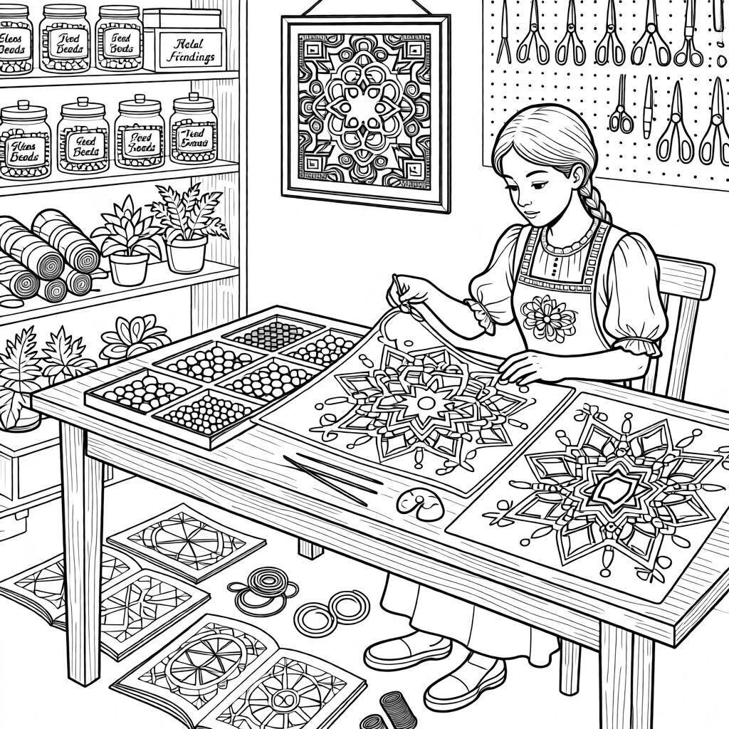 A beadwork artisan scene with intricate patterns.