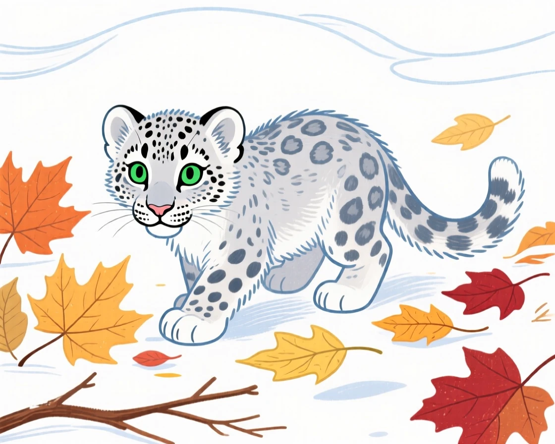 A snow leopard cub exploring among autumn leaves on a crisp autumn day.