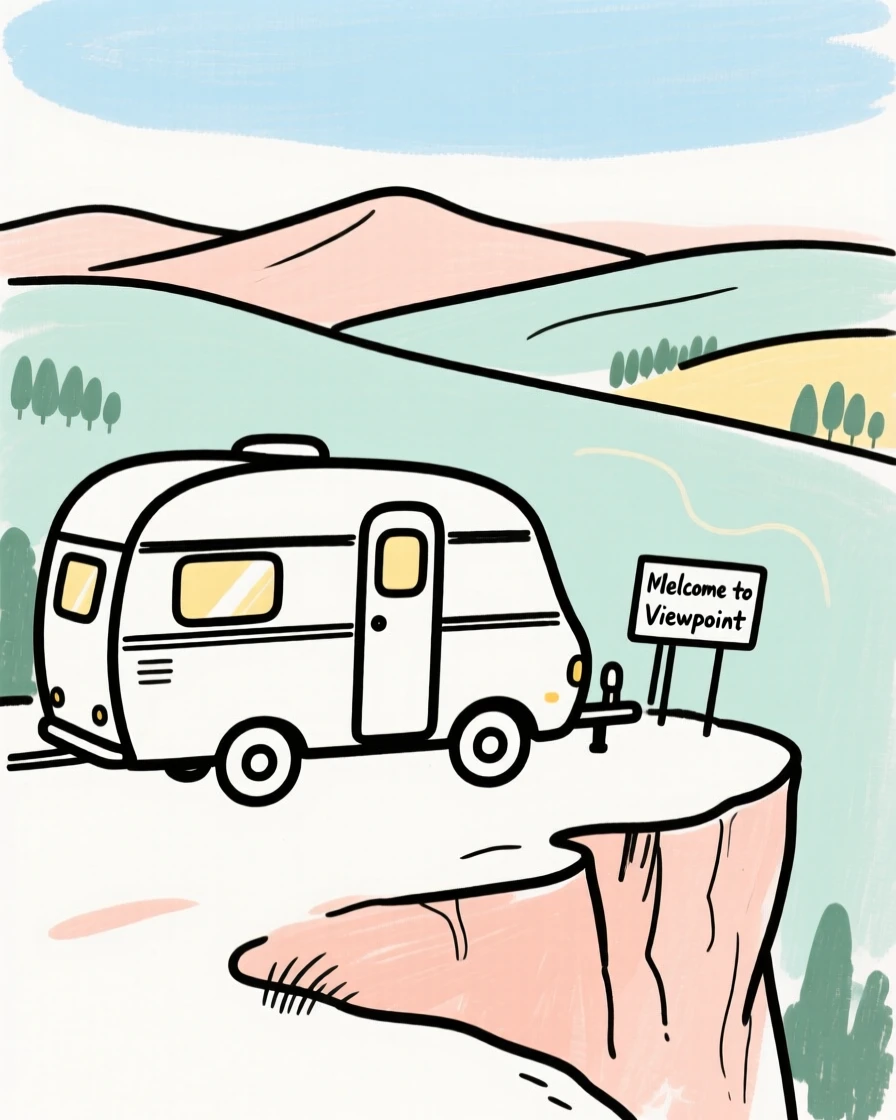 A camper van parked at a scenic overlook