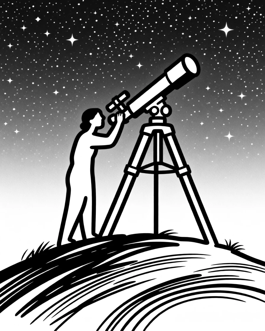 A stargazer setting up a telescope on a dark hilltop.
