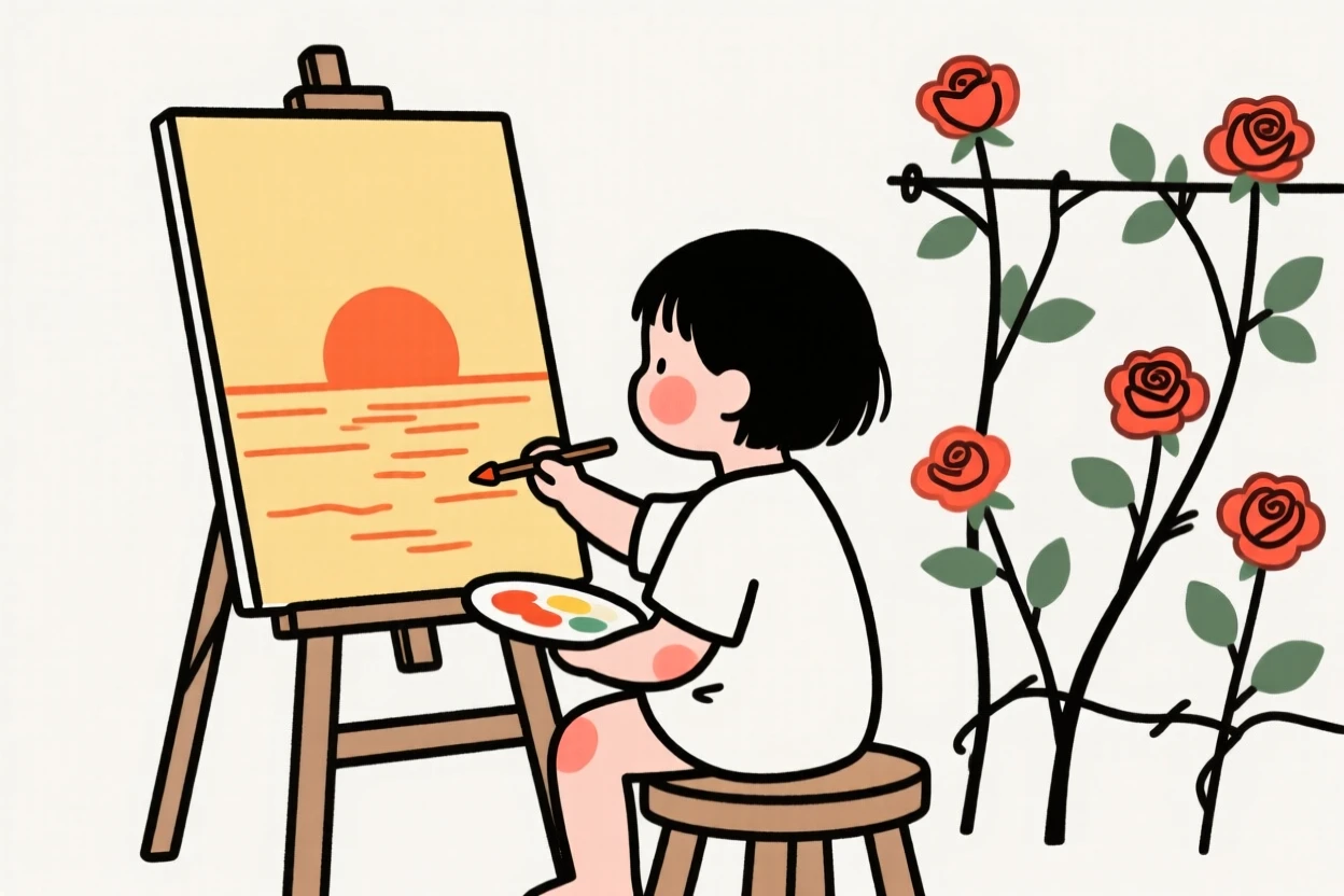 A small child painting a sunset on canvas, beside a blooming rose trellis.