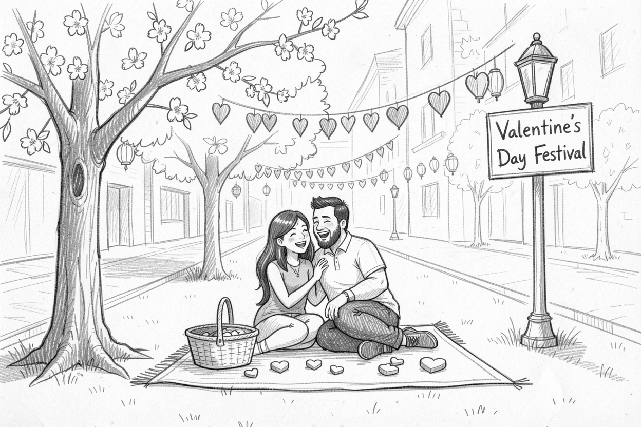 A joyful holiday moment: a Valentine's Day picnic under blossoming trees along a festively decorated street, with laughter and joy filling the scene.