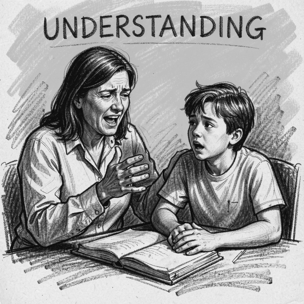 A teacher helping a struggling student finally understand, under a clear blue midday sky.