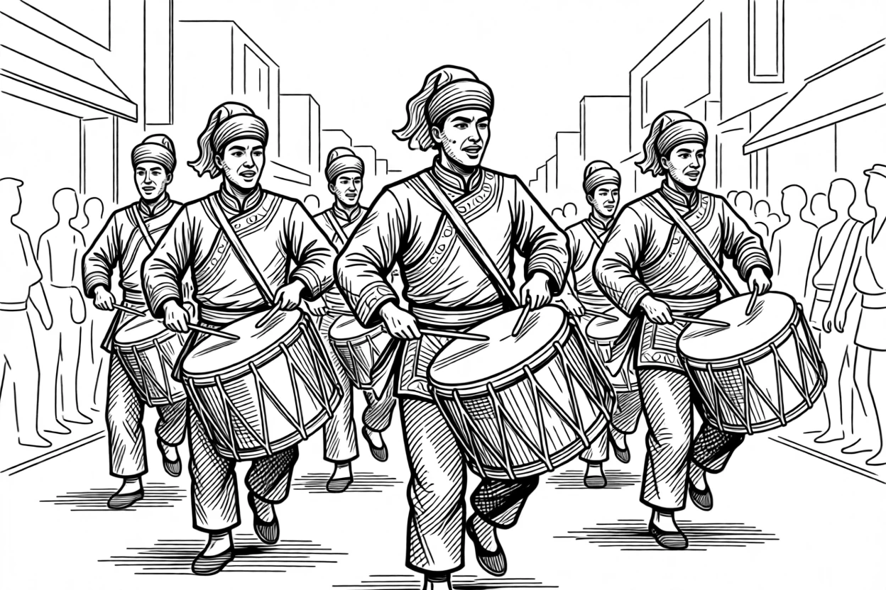 A colorful traditional festival parade with drummers leading the procession.