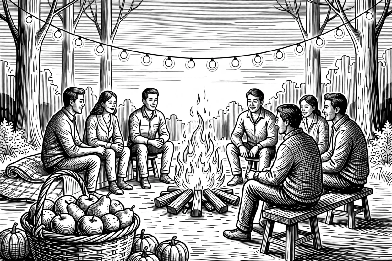 A bonfire surrounded by friends on a crisp autumn night beneath strings of warm glowing lights, with a basket overflowing with seasonal fruit, capturing a quietly joyful seasonal moment.