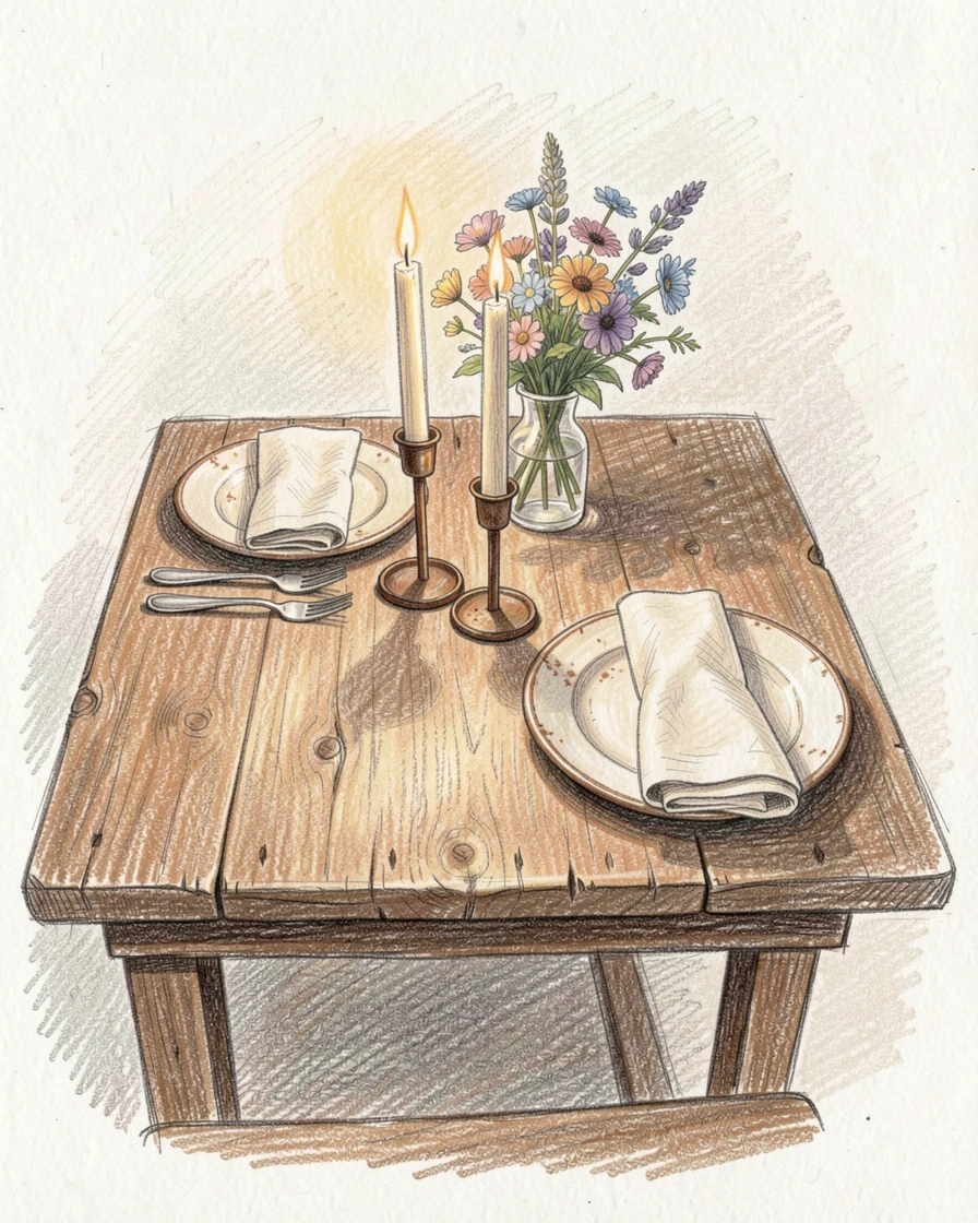 A rustic dining table set for a candlelit dinner for two, with soft, natural light bringing warmth to every detail, full of charm, emotion, and visual delight.
