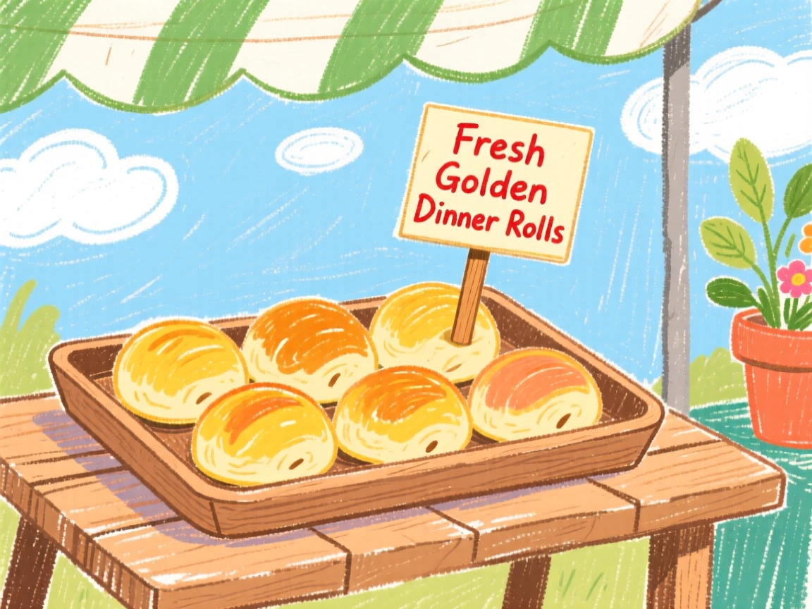 A tray of golden dinner rolls displayed at a sunny farmers market stall.