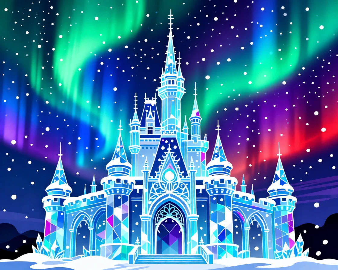 A magical winter palace built entirely of sparkling ice, set against a backdrop of glowing aurora colors, composed with a fairy-tale storybook quality, with rich jewel tones that evoke wonder and imagination.