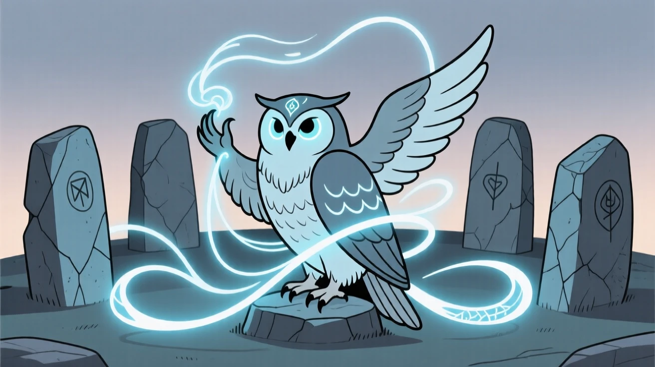 A mystical owl guardian weaving spells of light near an ancient stone circle.