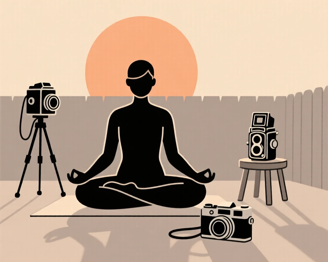 A person practicing yoga at sunrise in a quiet backyard, surrounded by vintage camera equipment, showing focused calm.