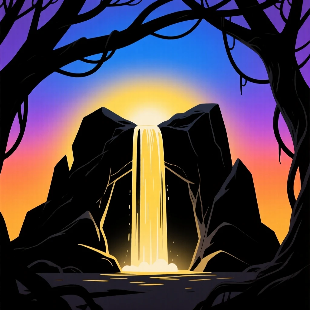 A hidden waterfall entrance leading into a glowing underground kingdom.
