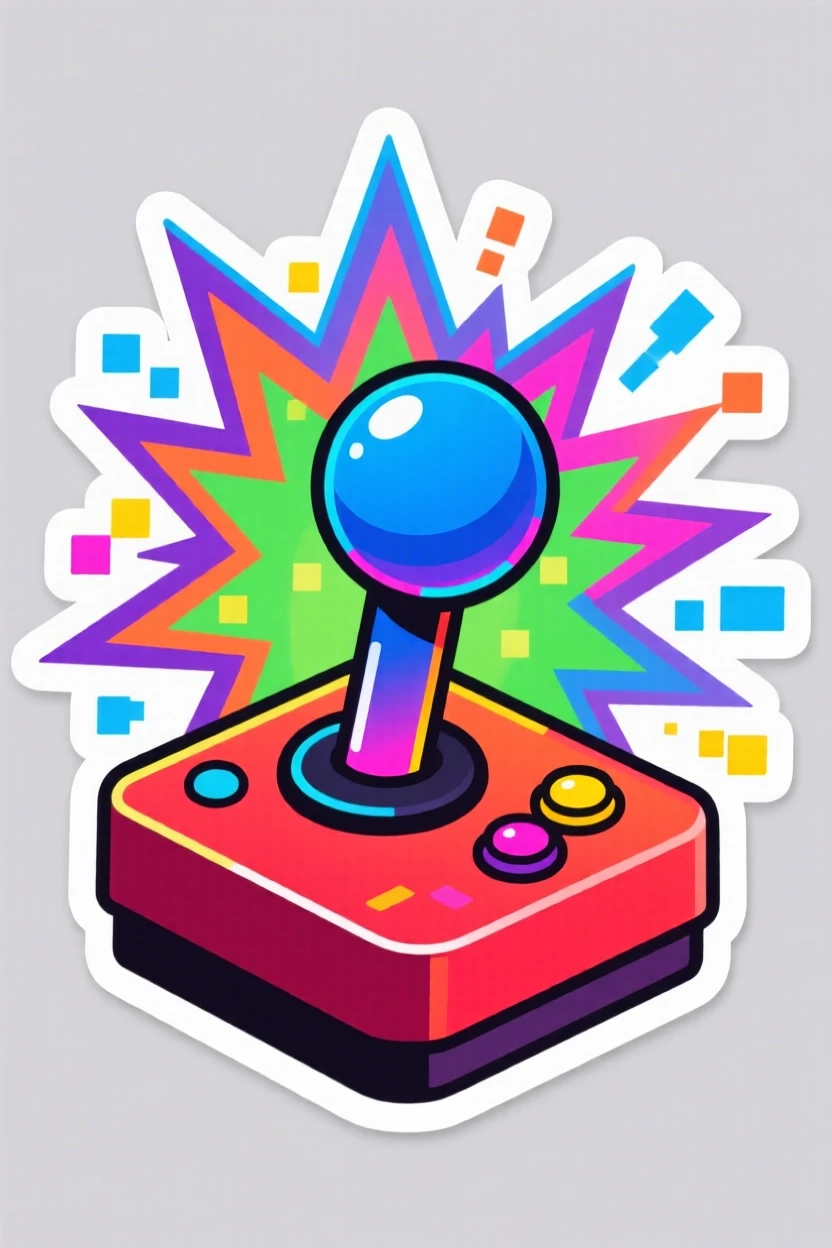 A brightly stylized arcade-style joystick surrounded by glowing pixels, framed by a burst of colorful energy, during a thrilling made-up quest.