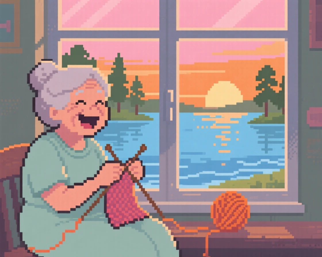 A grandmother knitting by the window laughing together on a warm summer evening, beside a lake during summer vacation.