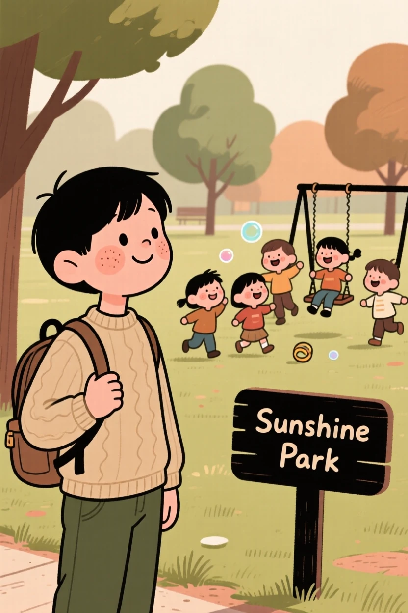 A young student pauses mid-commute to watch children laughing in a nearby park, a small smile crossing their face at the simple beauty of it.