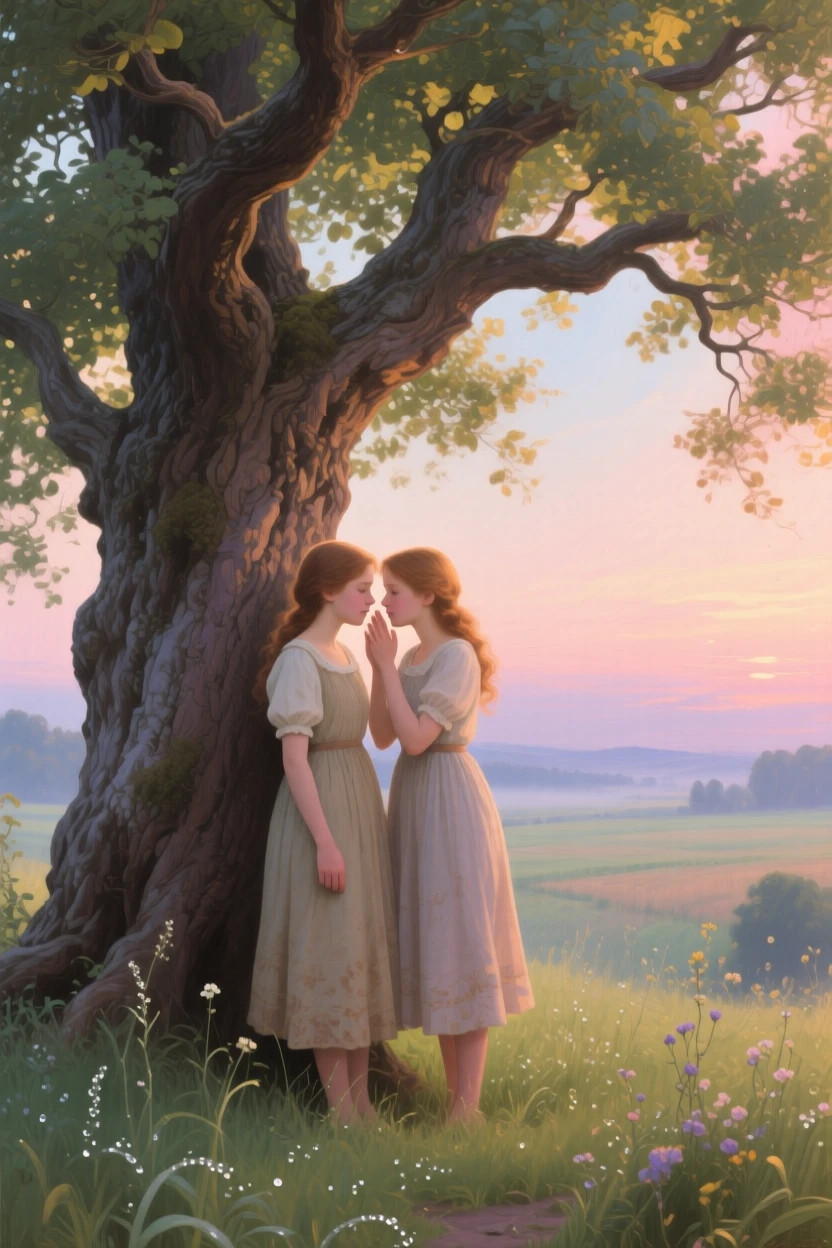 A well-framed scene of twin sisters sharing secrets under a large oak tree, in the height of summer, at dawn.