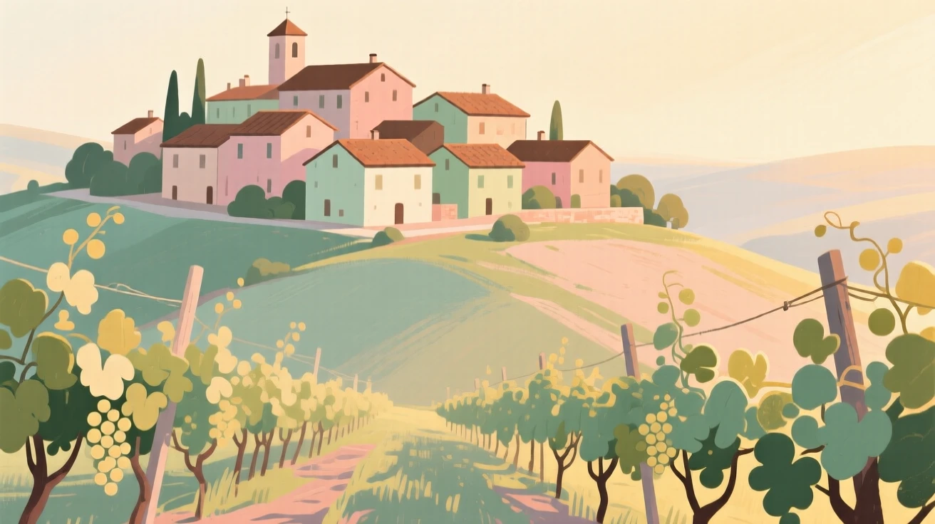 A hilltop village with terracotta roofs seen from a distant vineyard