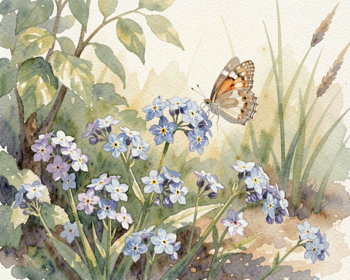 A bunch of forget-me-nots in a quiet countryside garden with a small butterfly resting on one bloom.