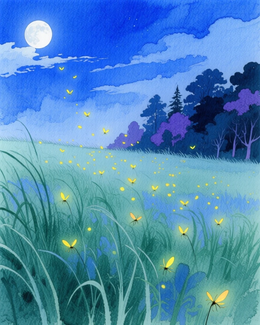 A moonlit meadow glimmers with fireflies drifting above tall grass near the edge of a quiet dark forest