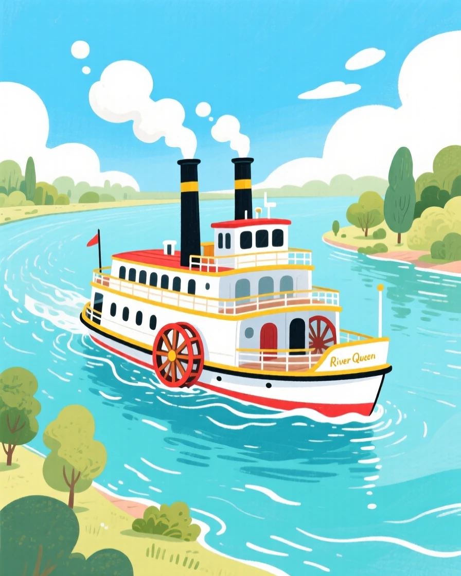 A picturesque view of a paddle steamer cruising down a wide river.