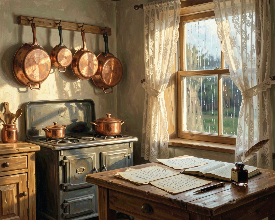 At dawn, the first light spilling through lace curtains, a rustic kitchen with copper pots hanging above the stove, beside a wooden desk cluttered with letters and ink, rain tracing slow paths down the windowpane.