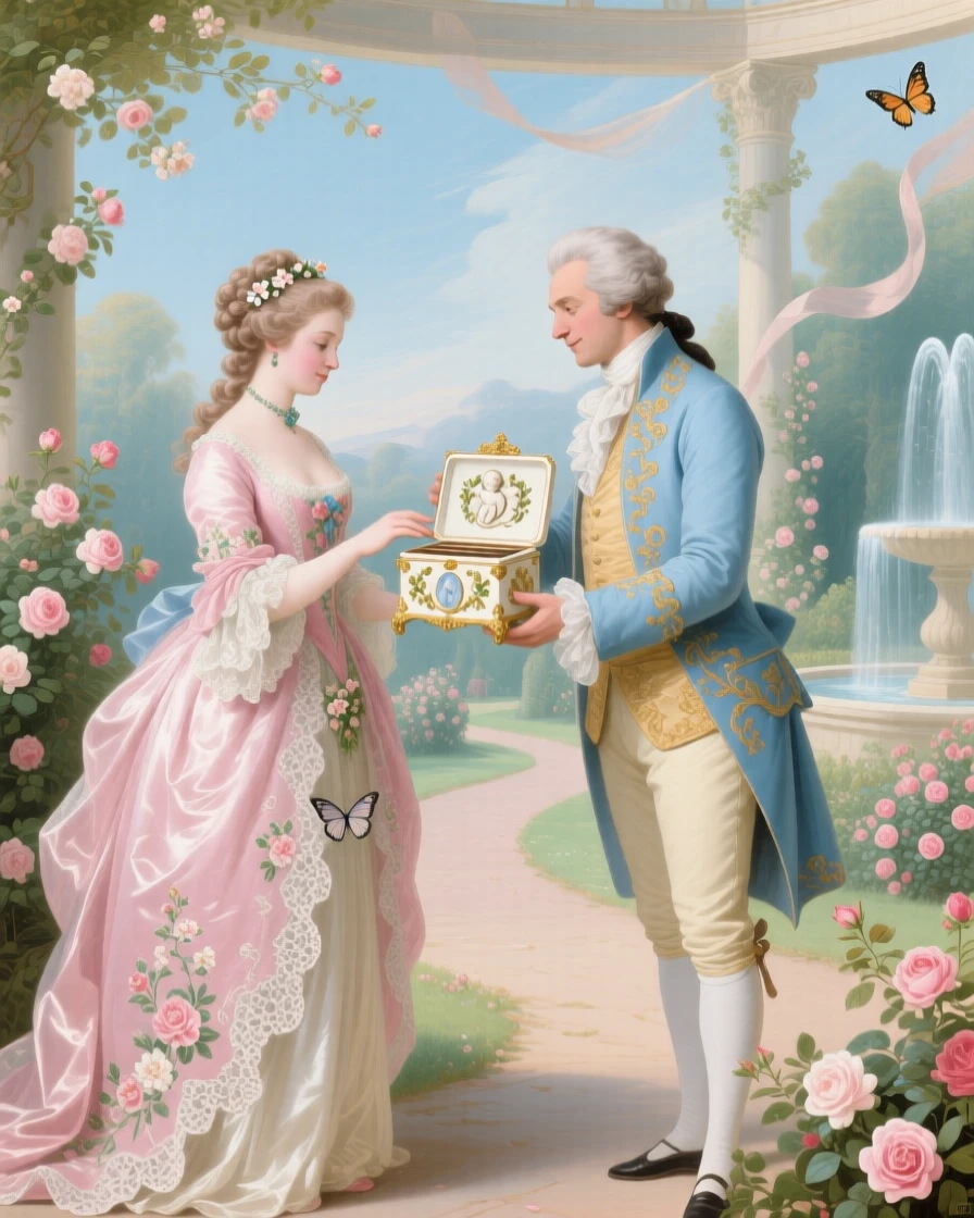 A lady receiving a small music box from her beloved  