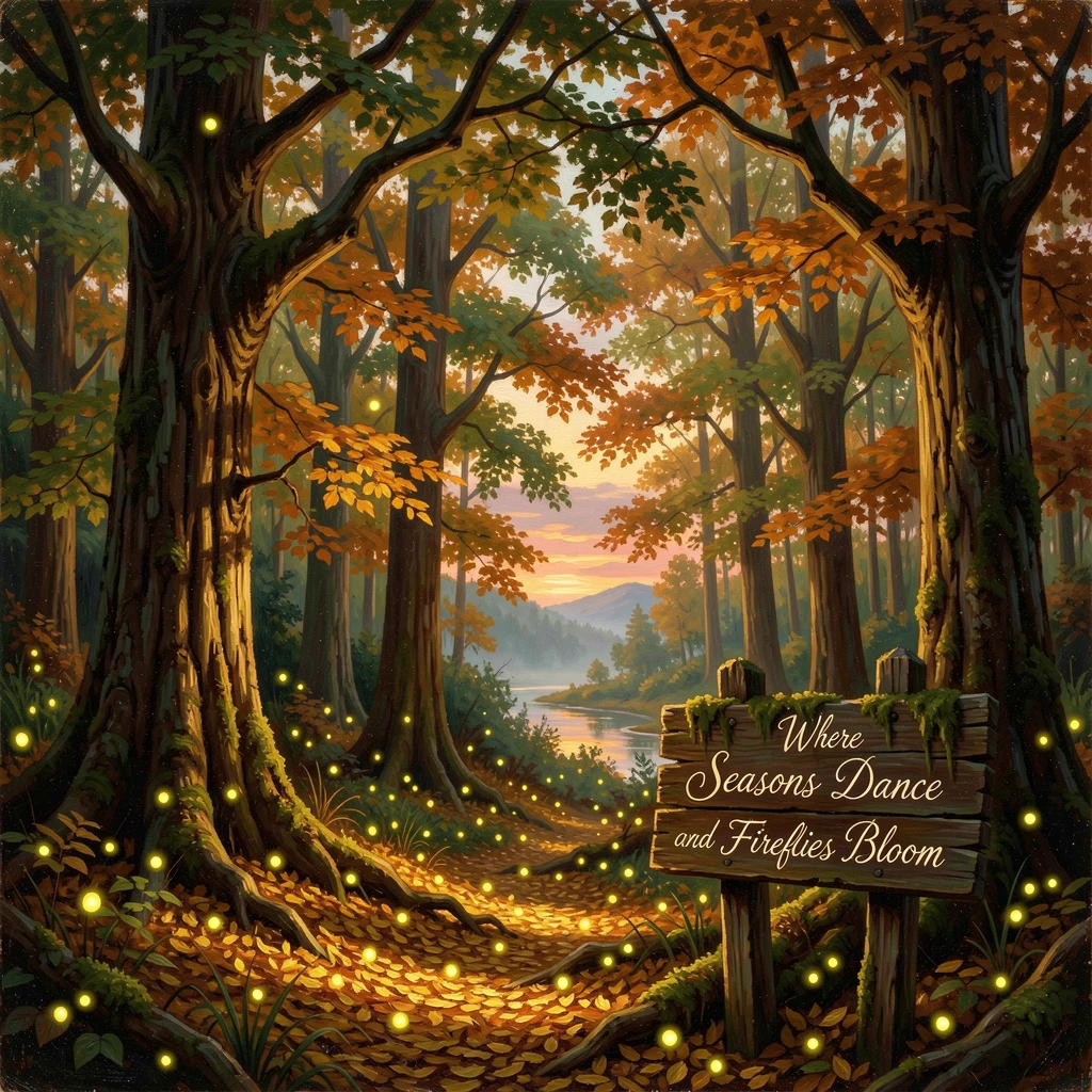 Fireflies bloom along a golden forest floor as the seasons change.