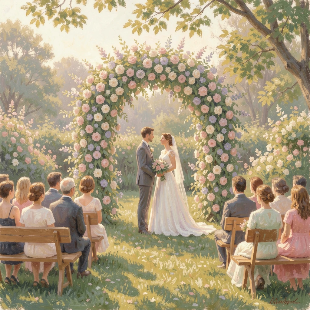 A garden wedding ceremony beneath a flower-covered arch as guests watch from wooden benches, evoking a sense of peace and quiet wonder.
