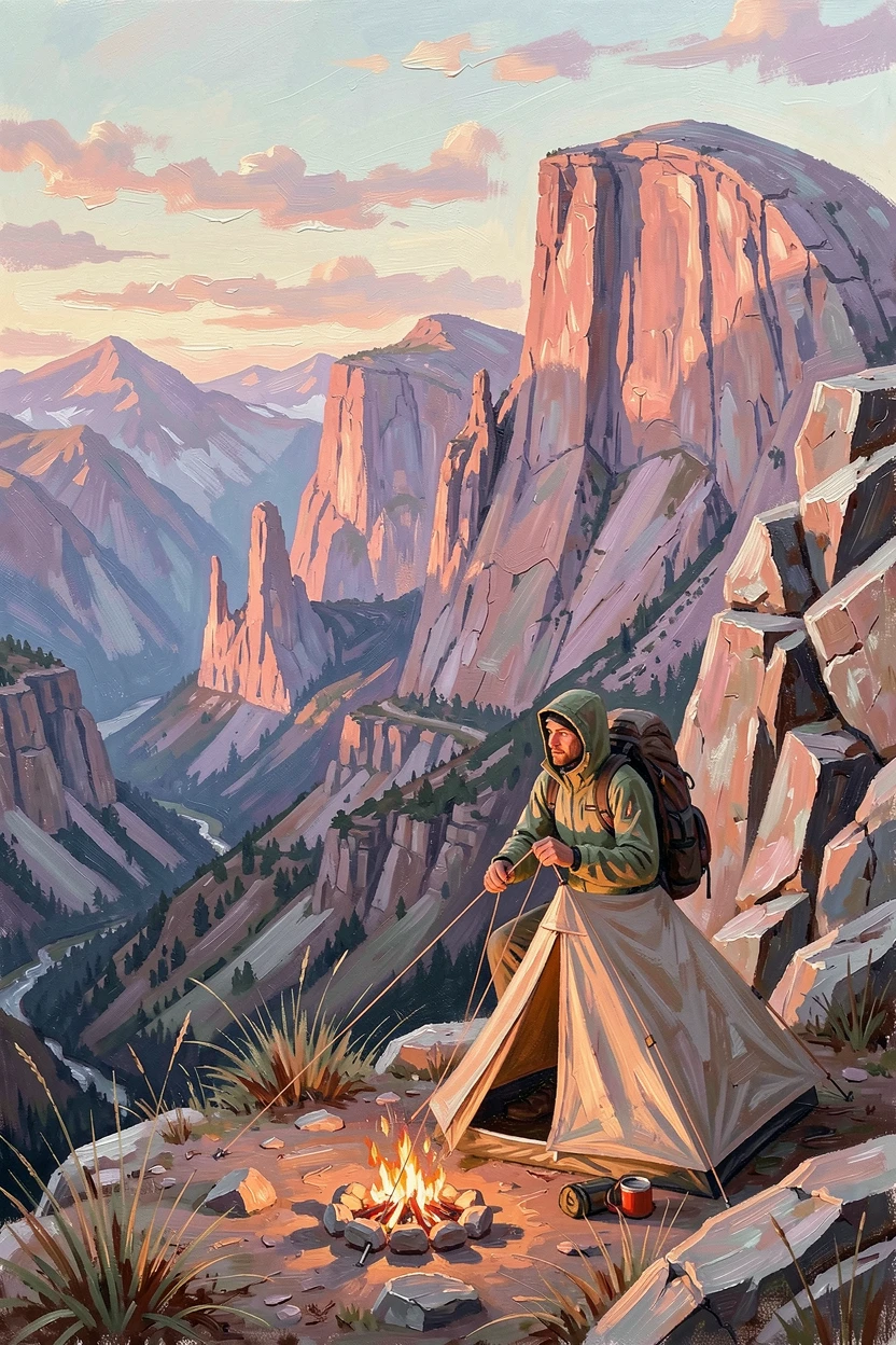 A solo backpacker sets up camp on a dramatic cliffside in Patagonia, granite spires glowing pink in the fading evening light, the changing light of the hour adding a sense of urgency and beauty to the scene.