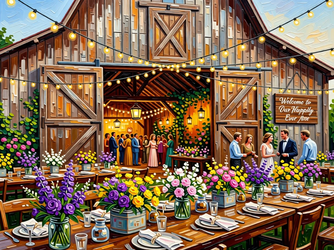 A rustic barn wedding reception strung with fairy lights and wildflower centerpieces