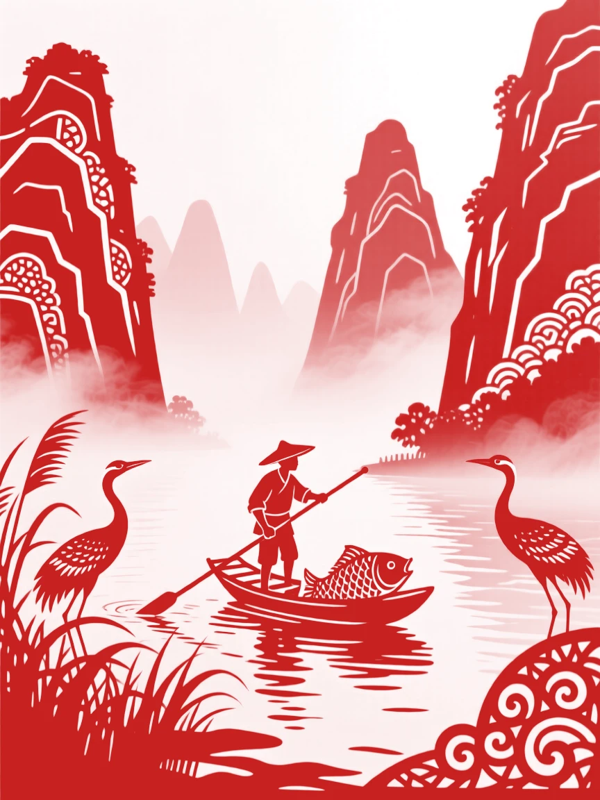 A solitary fisherman poling a small boat across a misty river between towering karst peaks, egrets lifting off from the reeds along the bank