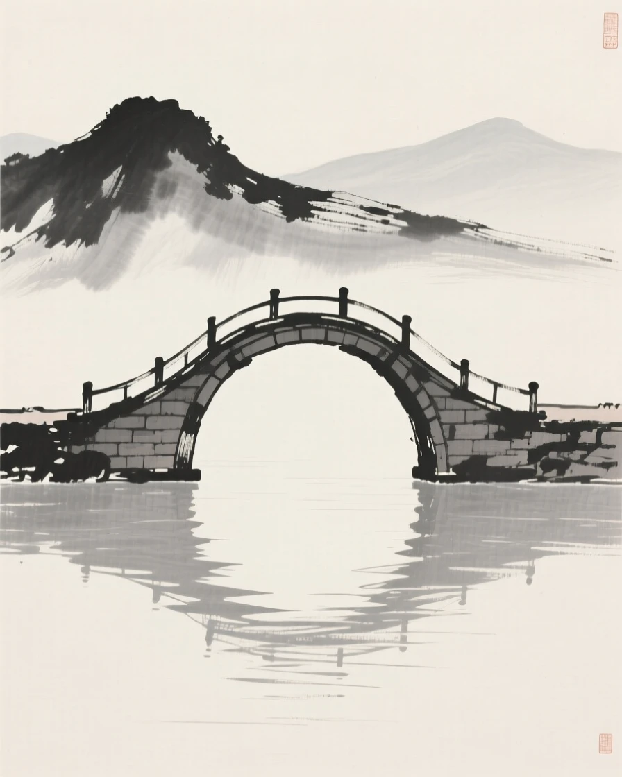 A curved arch bridge against a backdrop of distant mountains, seen from across still water, reflected on the surface, conveying quiet reverence for the past.