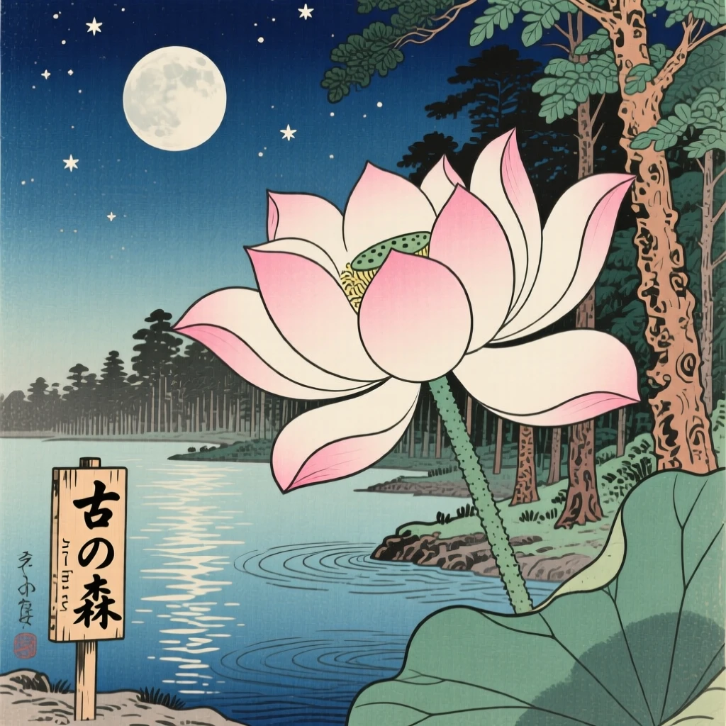 A giant lotus flower blooming atop a moonlit lake, standing at the edge of an ancient forest.